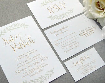 Rustic Wedding Invitations, Laurel Wedding Invitation Suite, Mint and Gold Wedding Pocket Invite Set, Calligraphy Wedding Invites Leaf Green