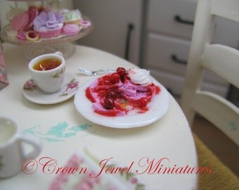 1:12 Two Plates Raspberry Cherry Waffles & Whipped Cream by IGMA Artisan Robin Brady-Boxwell - Crown Jewel Miniatures