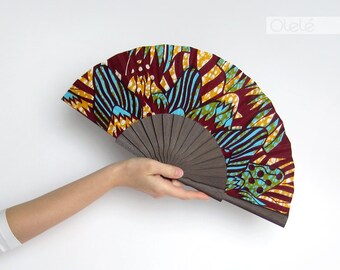 African wax block print hand fan with sleeve - Abanico