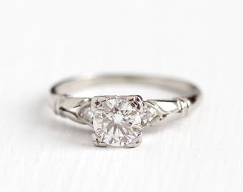 Vintage Platinum .54 CTW Diamond Art Deco Ring - Size 4 1940s Fine Engagement Bridal Shoulder Accents Wedding Jewelry with Appraisal
