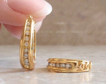 Diamond Earrings Hoops Vermeil Sterling Silver Detailed Vintage V0490
