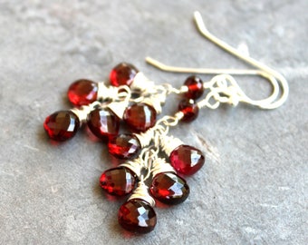 Garnet Earrings, Red Gemstone Earrings, Cluster Earrings, Sterling Silver Delicate Jewelry January Birthstone Earrings