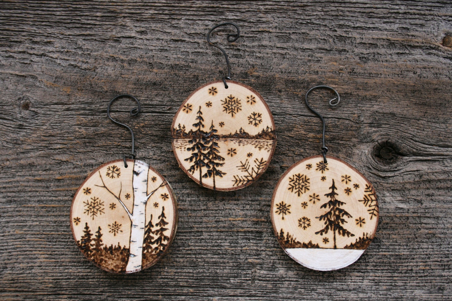 Rustic wood burned ornaments