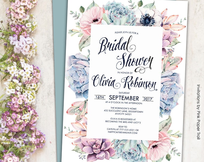 Sweet Dainty Floral Succulent Boho Chic Bridal Shower Invitation, Succulent Protea Anemone Rustic Printable Invitation