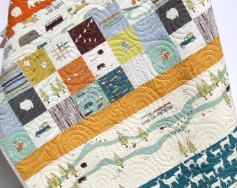 Camping Quilt, Modern Stripes, Bear Hiking Forest Canoeing, Camp Sur, Birch Fabrics, Organic All Natural Baby Boy Blanket
