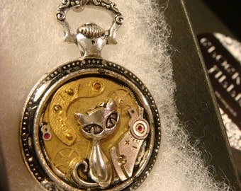 Clockwork Cat Steampunk Pocket Watch Pendant Necklace -Made with Real Watch Parts (2358)
