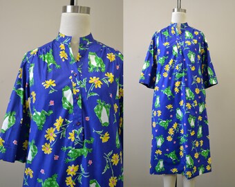 1980s Margaret Smith Frog Print Shirt Dress