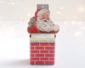 Vintage Santa Claus Christmas Club money box, 1950s Christmas decoration, die cut paper box, First National Bank of Elkhart, Indiana