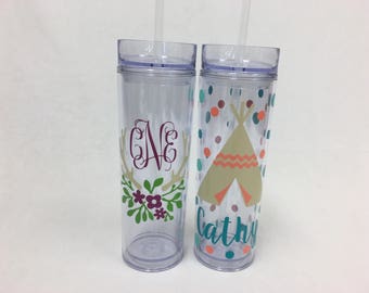 Antler or TeePee Personalized acrylic tumbler, name or monogram, Tribal, Available in skinny, standard, sport bottle, mason, kiddie & XL cup