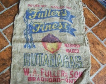 vintage burlap bag, old 50 pound burlap sack, Canada rutabaga bag, Bradford Ontario
