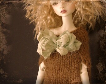 SALE - Ooak Slim MSD BJD Doll Chateau K-01 BodyKnit Sweater Dress Jumper Stockings Outfit Mink Cocoa Brown Aqua Sari Silk Ribbon Lily Rose