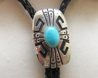Navajo, Turquoise and Sterling Bolo Tie, Tommy Singer Signed Bolo Tie, Kingman Turquoise Bolo Tie