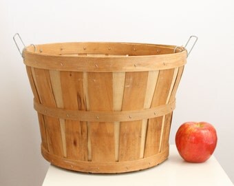 Large Split Wood Bushel Basket Metal Handles Vintage