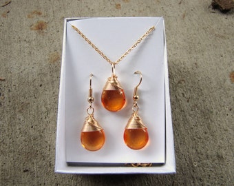 Amber colored Earrings gold earrings OR Gold necklace wire wrapped earrings glass tear drop, gold,