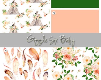 Floral Crib Bedding Set, Girl Nursery, Peach, Green, Tribal, Teepee, Boho, Feather, Baby Nursery Decor, Crib Sheet, Crib Skirt, Baby Blanket