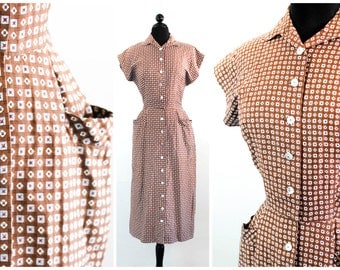 Vintage 1950s dress . Tea Cake . 50s brown cotton day dress . 1950s day dress with pockets . Taller Modes