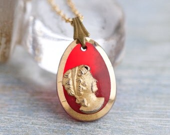 Roman Emperor Nero Necklace - Red Glass Teardrop Pendant on Golden Chain