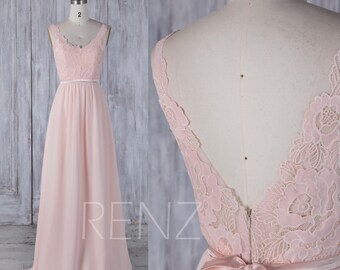 2017 Peach Chiffon Bridesmaid Dress, Lace V Neck Wedding Dress, Illusion Deep V Back Prom Dress with Belt, Prom Dress Floor Length (L295)