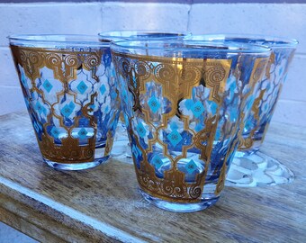 Culver Glasses Seville Pattern Set of 4 Turquoise Diamond 22K Gold Double Old Fashioned Barware