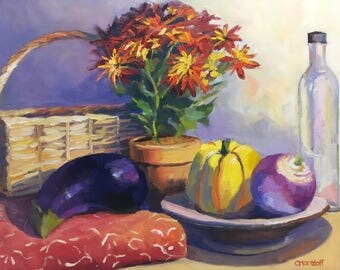 Growing Chrysanthemum Colorful Wall Art Still Life Oil Painting on Canvas