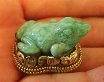 Carved Amazonite Frog Tibetan Silver Ring. Adjustable