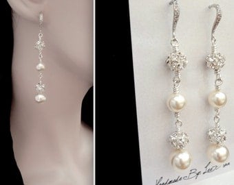 Pearl drop earrings -Sterling silver ear wires -Long pearl earrings~ Brides earrings,Elegant, Wedding earrings,Bridal jewelry. Gift- DESTINY