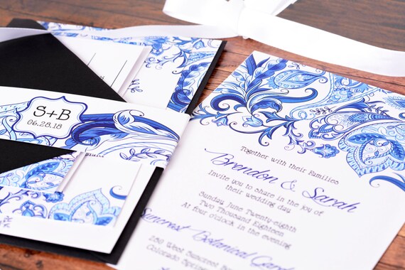 SAMPLE Wedding Invitation Suite - Blue Paisley Wedding Invite SAMPLE - Personalized Wedding Invitations - Full Wedding Suites Il_570xn