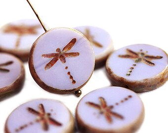 4pc Purple Dragonfly beads, czech glass beads, picasso table cut beads, round, tablet shape, lilac beads - 17mm - 2419