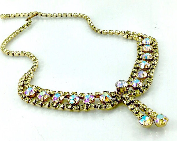 Amazing Vintage Yellow Rhinestone Necklace, Vintage aurora borealis rhinestone necklace. Hi End Quality Designer. Yellow Necklace