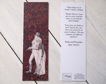 Bookmark - Pride and Prejudice - Mr. Darcy & Elizabeth Bennet - Marbled red and gold endpaper - Victorian line illustration - Jane Austen.