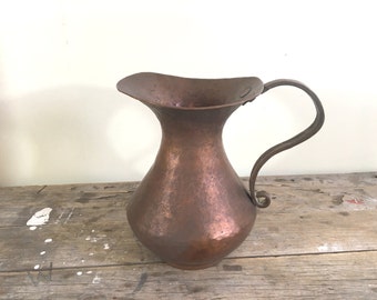 Hammered Copper pitcher, with handle, aged, dented, farmhouse, rustic kitchen, jug, heavy, metal