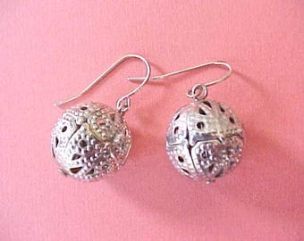 Pretty Vintage Dangling Earrings with Filigree Type Metal Ball Beads