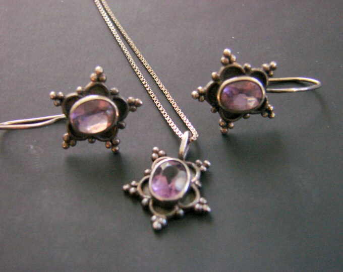 Vintage Sterling Amethyst Pendant Necklace Earrings Demi Parure Jewelry Jewellery