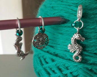 Beach Theme Knitting Stitch Markers-Set of 3-Progress Keeper*Knit Marker Set Fits to US10*Sand Dollar*Mermaid*Seahorse*Beach*Summer*Ocean