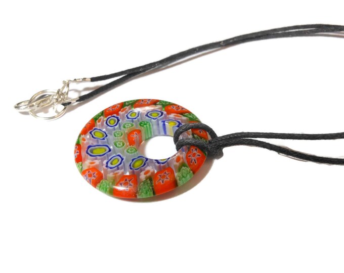 Millefiori glass pendant, 30mm round orange background, yellow green and blue flowers, round go-go on black cord, silver plated findings