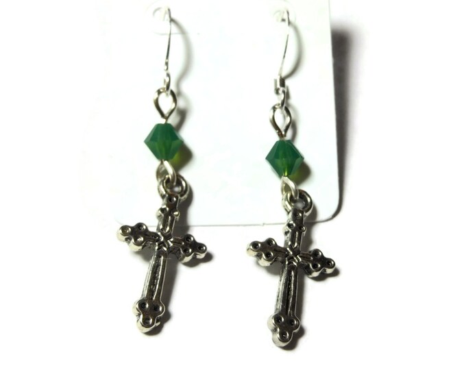 FREE SHIPPING Small cross earrings, silver tone crosses, silver plated french wires, choice 4 colors of Swarovski crystals, pierced earrings