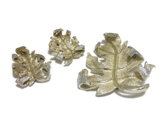 FREE SHIPPING Sarah Coventry brooch and earrings, 1960's "Windfall" line, gold tone with silver tips, turning leaf pin set, clip earrings