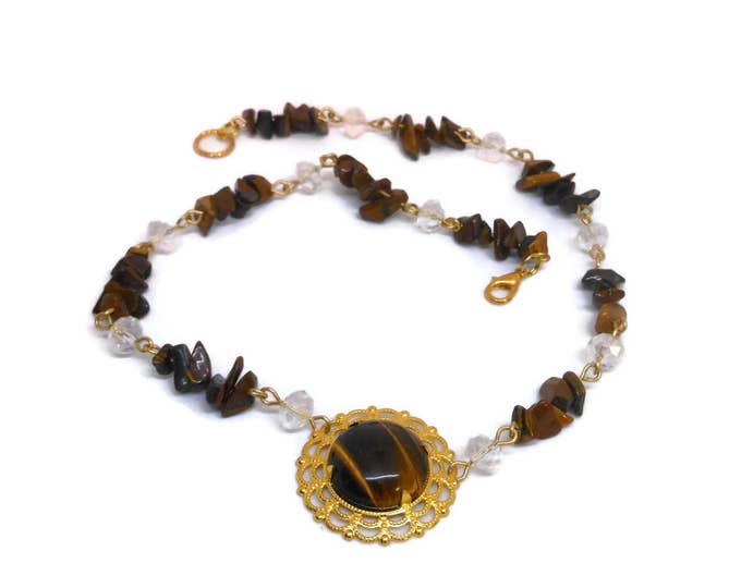 FREE SHIPPING Tiger's Eye necklace, Swarovski crystals, tiger's eye cabochon ornate frame focal, gold plated wire wrapped beads findings