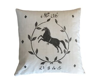 Number 16 Equestrian French Country Grain Sack Cushion cover with wreath