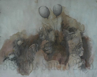 The Beggars' March- Original art brut and surrealist Drawing by artist Richard Cutshall
