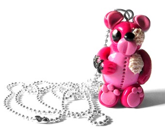 collier ourson rapiécé pate fimo rose