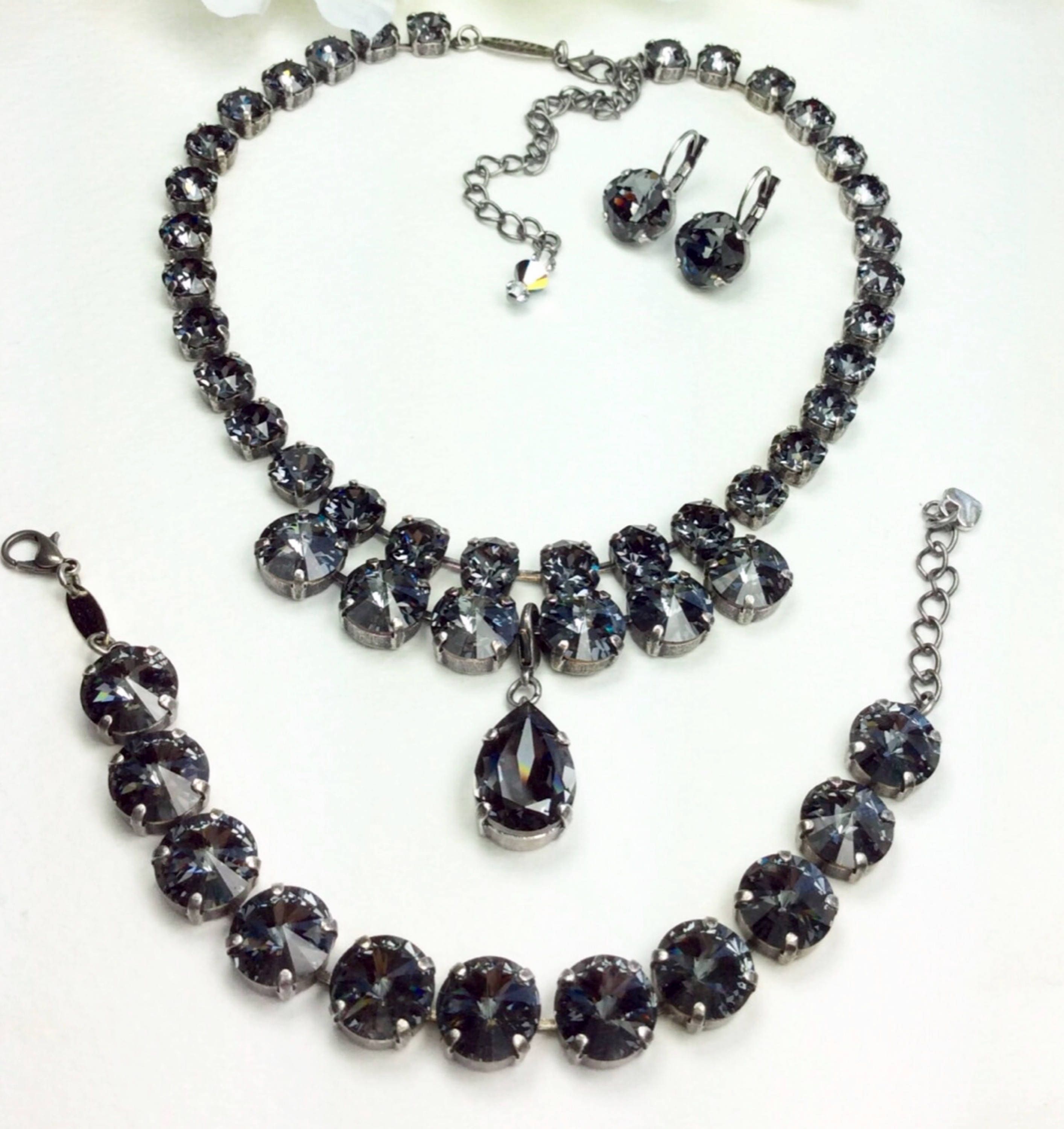 Swarovski Crystal 12MM /8.5mm Necklace - Designer Inspired - Silver Night "Goddess" Necklace, Pear Shape Drop, &  Bracelet - FREE SHIPPING