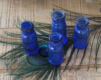 Vintage Blue Bottles Bromo Seltzer Set of 4, Wedding Vases, Apothecary Cobalt Blue, Hand Dug Hand Blown Glass