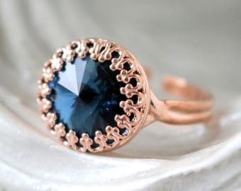 Navy | Princess Crown Ring | Swarovski Crystal Ring | Adjustable | Rose Gold Ring | Victorian Crown Ring | Gift For Her | Bridal Jewelry