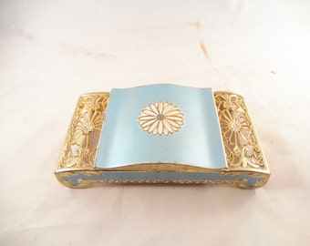 Metal Dresser Trinket Box, Mid-Century, Center Compartment, Gold Tone Metal, Blue Accents