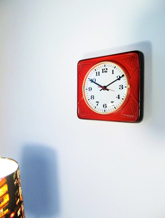 Vintage Art Pottery Wall Clock Kitchen in Orange and Brown