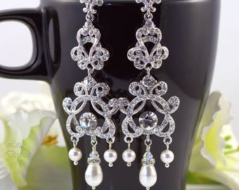 Bridal Chandelier Earrings Wedding Earrings Swarovski Pearl Crystal Rhinestone Earrings Dangle Drop Clear Crystals Vintage Style Bridal ZARA