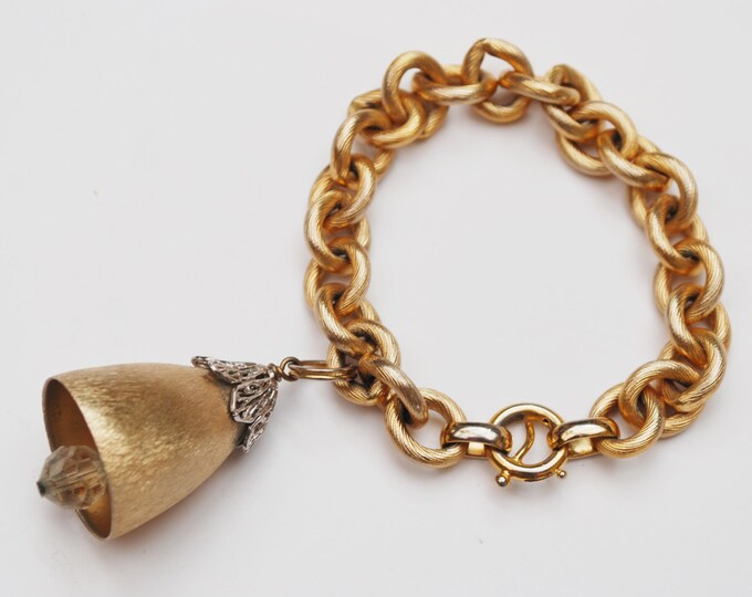 Napier Gold Bracelet - Crystal Bell Charm - Chunky Gold Chain Bracelet -Wedding Bell - 1970 Book Piece