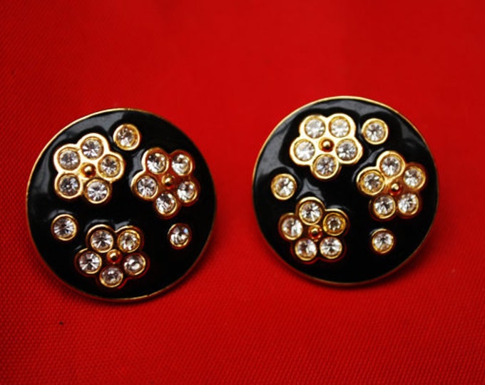 Avon Pierced Earrings - Black Enamel - rhinestones - gold - flowers -stud earrings