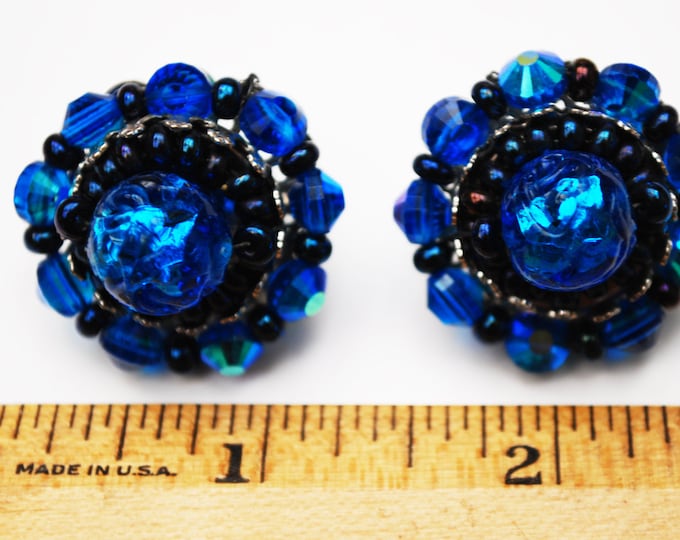 Hobe Bead Cluster earrings - Blue Art Glass - silver black - clip on earring